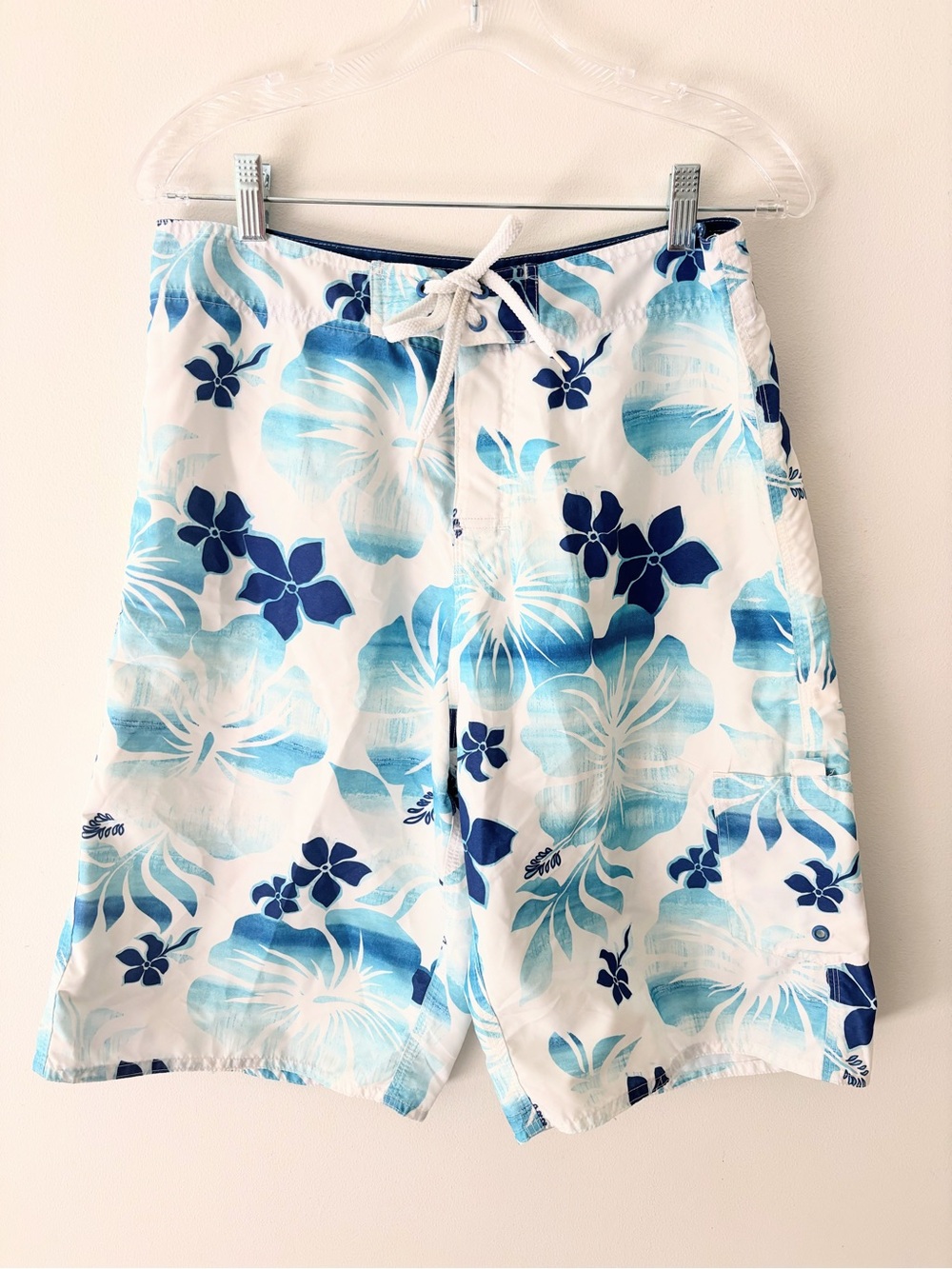 Burnside Hawaiian floral long board shorts swim surf trunks blue white VTG 32